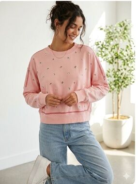 Something Navy peach floral embroidered crewneck relaxed sweatshirt size XS new